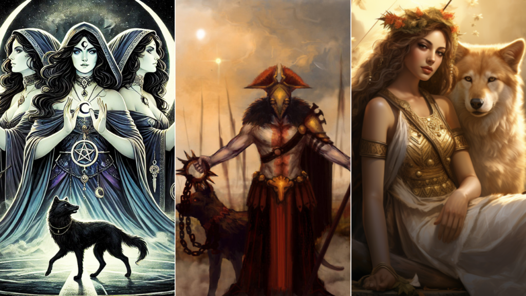 Dogs in Greece. Images of Greek gods with Dogs- Hecate, Ares and Artemis.