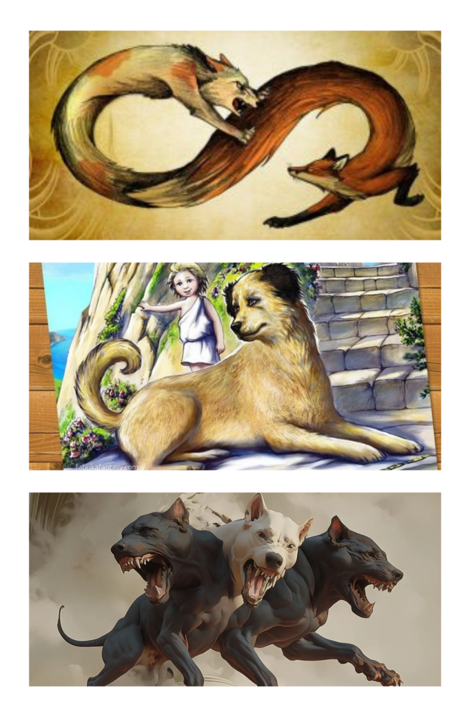 Greek Dog gods-Laelaps (in chase), the Golden Hound and Cerberus (from top to bottom)
