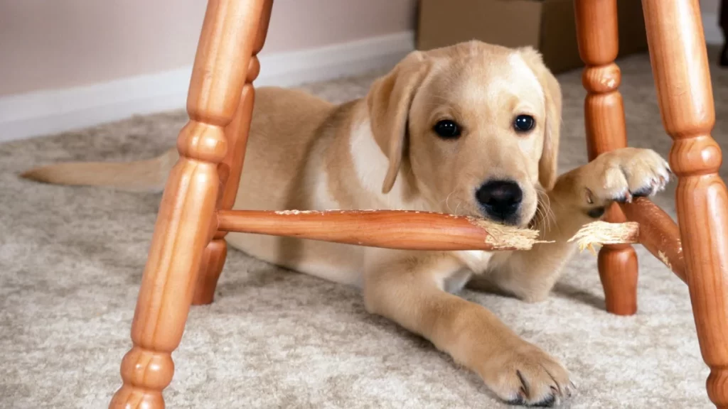 puppy chewing on household things