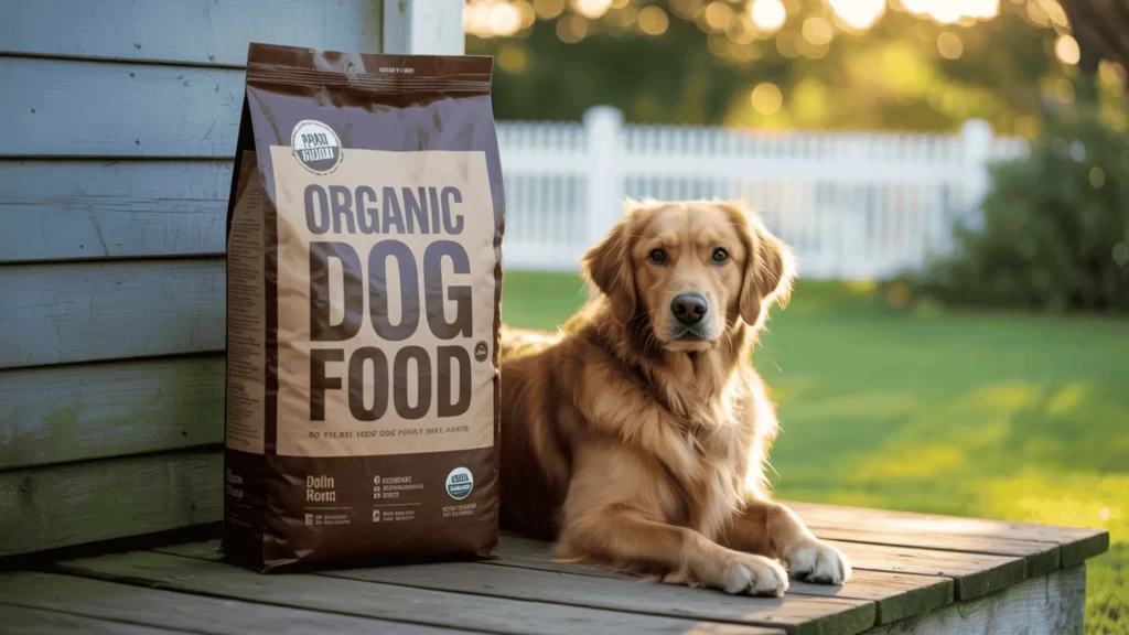 dog with organic food bag
